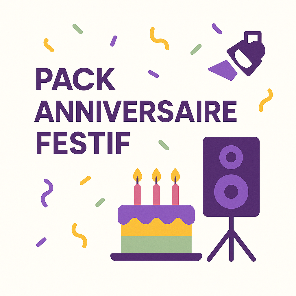 Pack Anniversaire Festif - Sono + Éclairage + Mobilier 30-60 personnes