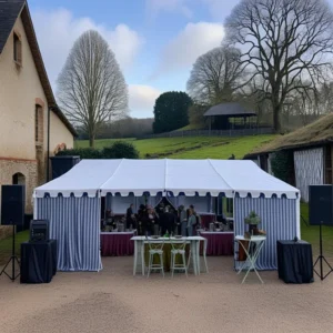 Pack Champêtre – Sono + Lumières + Barnum 12×5m + Mobilier | 60-120 personnes